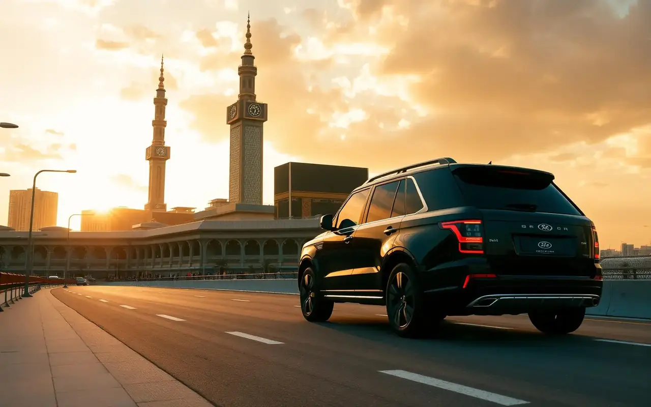 Luxury SUV near Masjid Al Haram and Makkah Clock Tower at golden hour